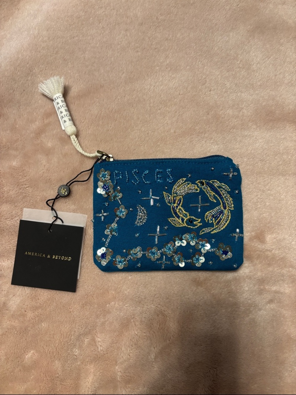America & Beyond Pisces Embroidered Blue Zip Pouch